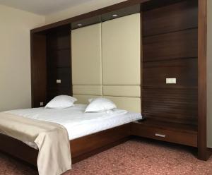 普洛耶什蒂贝斯特酒店的一间卧室配有一张大床和木制床头板