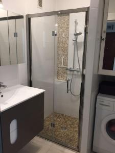 戛纳Apartment Cannes Rico Beach的带淋浴、盥洗盆和洗衣机的浴室