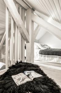安锡La Gloriette的一间设有两张床的房间和一本地毯上的书