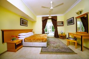 马斯喀特马斯喀特国际酒店的卧室配有床、书桌和钢琴