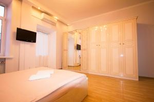 莫斯科特维尔大街豪华公寓的一间卧室配有一张床和一个大衣柜