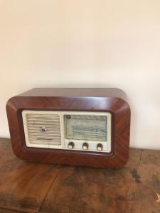 拉巴斯阿纳米精品酒店的旧收音机,坐在木地板上