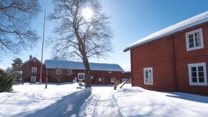 GagnefWikgården B&B的一座建筑物旁边的雪地里的一个红色谷仓