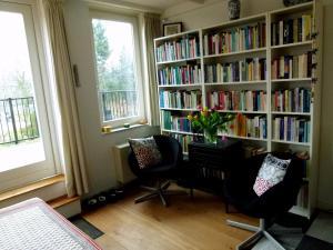 阿姆斯特丹B&B Canal Sight的一间设有两把椅子的房间和一个带书籍的书架