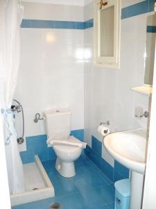 阿吉亚利Hotel Filoxenia的蓝色和白色的浴室设有卫生间和水槽