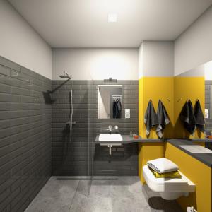 波兹南波兹南拉古塔拉旅馆的浴室设有黄色和灰色的墙壁和水槽