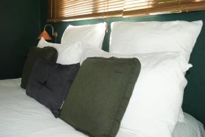 塔卡卡怀塔普泉住宿加早餐旅馆的一张带白色枕头和绿色墙壁的床