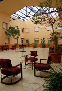 卡塞雷斯AHC酒店的建筑里一间有椅子和一棵树的房间