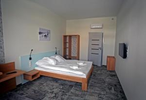 戈尔利采Motelik Grosar Gorlice的卧室配有白色的床和电视