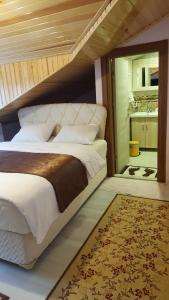 乌宗Uzungöl Özbek Apart ve Kafe的一间卧室配有一张大床和地毯。