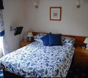 阿伯丁Denmore Guest House的一间卧室配有一张带蓝色和白色棉被的床