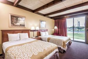 Niles奈尔斯戴斯酒店的酒店客房设有两张床和窗户。