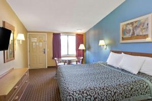 罗维莎劳伦斯维尔戴斯酒店的酒店客房配有一张床铺和一张桌子。