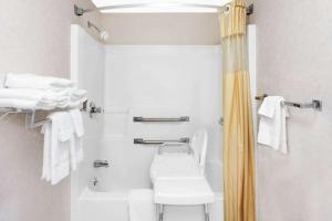 莫里斯敦莫里斯敦戴斯酒店的浴室设有卫生间和带毛巾的淋浴。