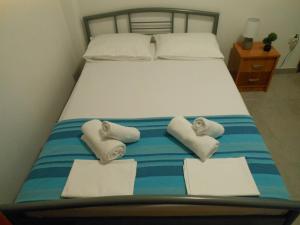 帕拉利亚狄奥尼索Sunshine Apartment的一张带毛巾和枕头的床