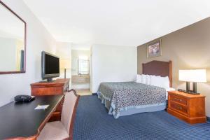 阿林顿阿灵顿五角大楼戴斯酒店的酒店客房配有一张床、一张书桌和一台电视。