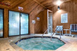 布莱克里弗福尔斯Days Inn by Wyndham Black River Falls - Access to ATV Trail的木墙客房内的热水浴缸