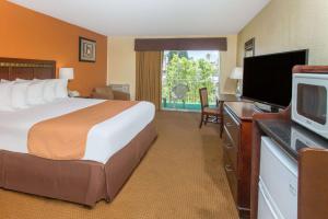 棕榈泉棕榈泉戴斯酒店的酒店客房配有一张床和一张书桌及一台电视