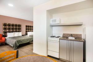 奥蒙德海滩Arya Blu Inn and Suites的带水槽的厨房和1间带床的房间