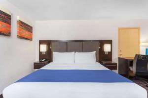 伍德伯里戴斯伍德伯里酒店的一间卧室配有一张带蓝色毯子的大床
