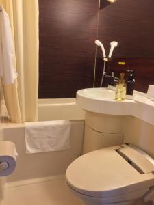 松本松本万屋酒店的一间带卫生间和水槽的浴室