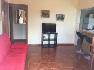 巴列埃尔莫索Casa Azul的客厅配有红色沙发和平面电视