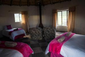 MokhotlongSani Stone Lodge的一间卧室设有两张床和粉色床单,窗户