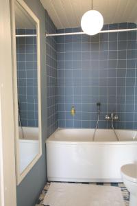 Mustkalni梅克酒店的蓝色瓷砖浴室设有浴缸和卫生间