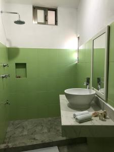 里奥拉加托斯渔人之岛别墅酒店的绿色浴室设有浴缸和水槽