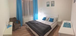 俄斯特拉发Penzion Svatava的一间卧室配有一张带蓝色枕头的床