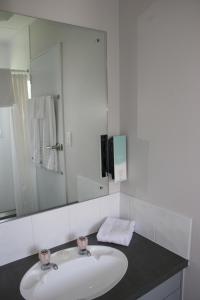 旺阿雷勃艮第玫瑰汽车旅馆的一间带水槽和大镜子的浴室