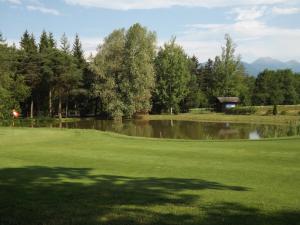 MendolaHotel Roen Ruffrè-Mendola的一座带池塘和树木的高尔夫球场