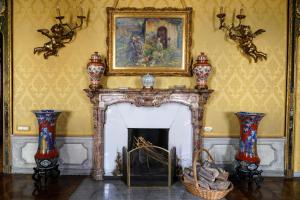都灵Turin Art Experience的客厅设有壁炉,墙上挂有绘画作品
