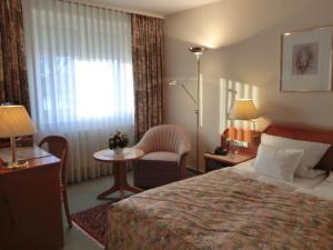 诺德施泰特霍伊贝格酒店的酒店的客房 - 带一张床、椅子和窗户
