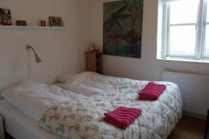 ThemNatursti Silkeborg Bed & Breakfast的一间卧室配有一张带红色毛巾的床