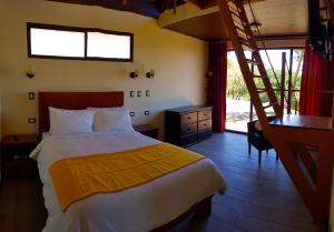 蒙泰韦尔德哥斯达黎加Green Forest Rustic Houses的一间卧室设有一张大床和梯子