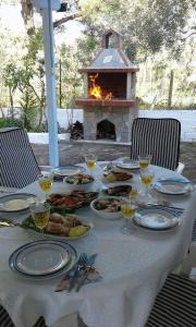 斯卡拉卡里拉奇斯Villa Valia的餐桌,餐盘和壁炉