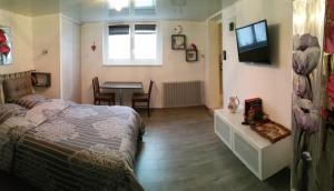BreuschwickersheimJoli gîte proche Strasbourg的一间卧室配有一张床、一张桌子和一台电视