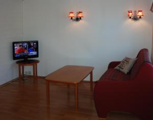 Årøy依文特利吉斯咖雷特酒店的带沙发、桌子和电视的客厅