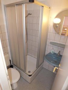 波恩45号旅舍的带淋浴、卫生间和盥洗盆的浴室