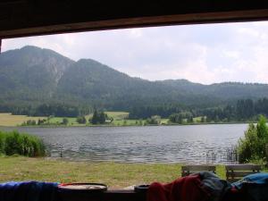魏森湖Ferienwohnungen Plattner的从帐篷的窗户可欣赏到湖景