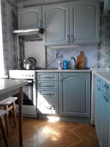 基辅Comfortable flat near the Dnieper river in Kyiv的厨房配有蓝色橱柜、桌子和炉灶。