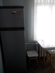 基辅Comfortable flat near the Dnieper river in Kyiv的厨房配有冰箱、桌子和窗户