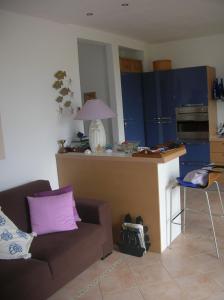 卡沃la scappatoia的带沙发的客厅和带蓝色橱柜的厨房。