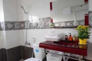 芹苴Thịnh's House的一间带卫生间、水槽和镜子的浴室