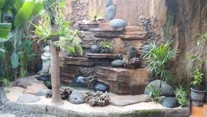 吉利马努克The Arya guest house的花园内种有植物的石头瀑布