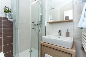 萨格勒布4citywindows的一间带水槽和玻璃淋浴的浴室