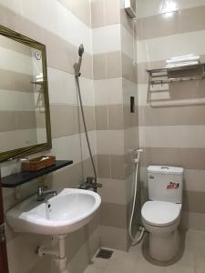 Cao LãnhHa Anh Hotel的一间带水槽、卫生间和镜子的浴室