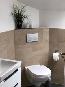 马夸特施泰因5-Sterne Active Ferienwohnung Chiemgau的浴室配有白色卫生间和盥洗盆。