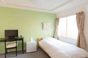东京新大久保城市酒店的一间卧室设有一张床、一台电视和一个窗口。